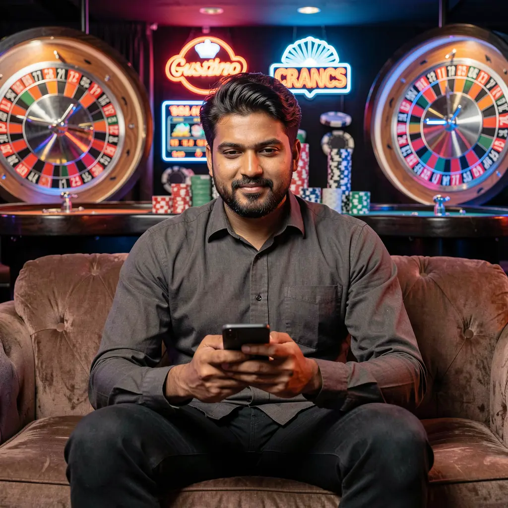 Stylish Bangladeshi player relaxing on a sofa while using the 6NNN casino app surrounded by glowing roulette wheels chips and neon casino icons