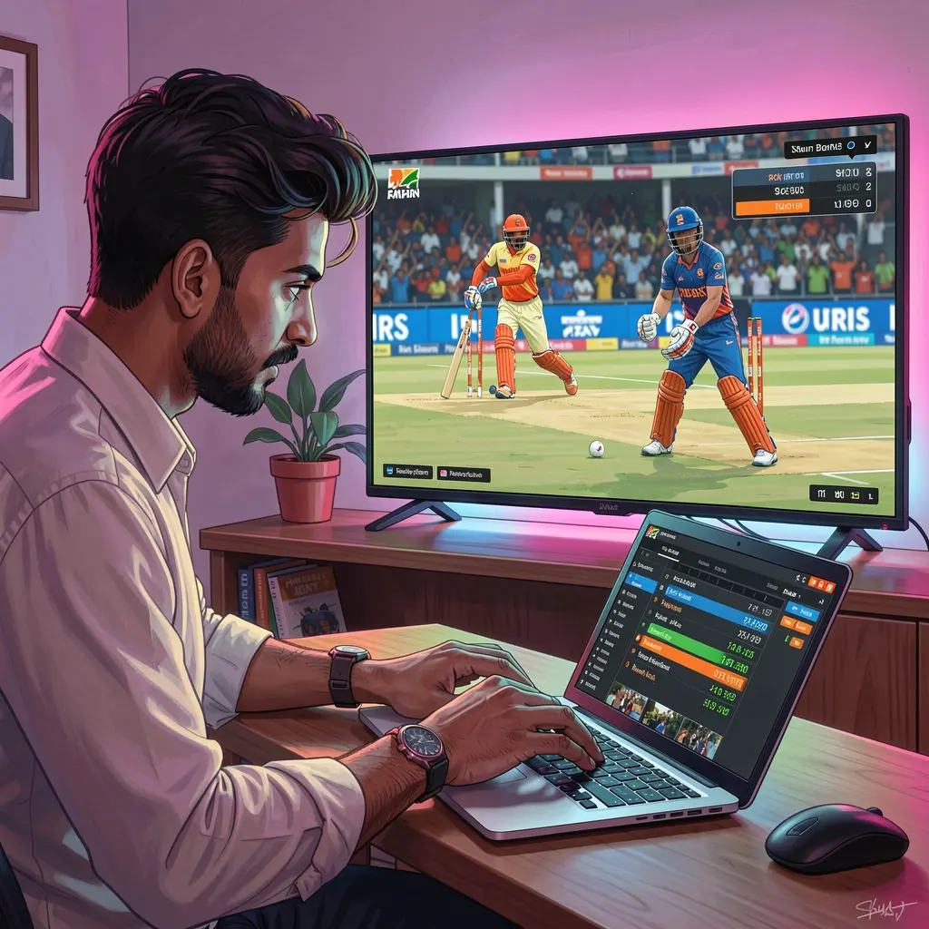 Focused Bangladeshi sports bettor placing live cricket bets on a laptop while following the match on TV using the 6NNN betting platform