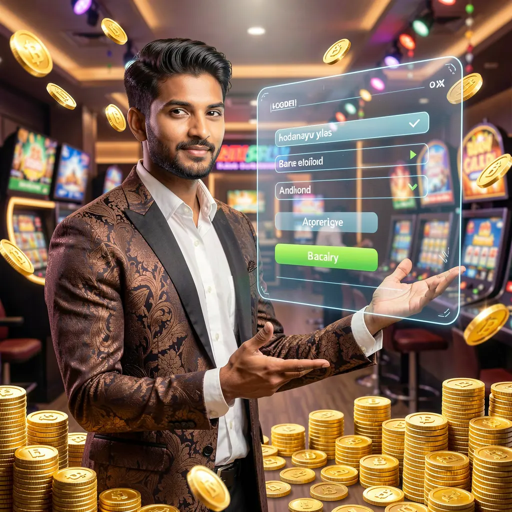 Stylish Bangladeshi live casino dealer surrounded by golden coins pointing forward inside the 6NNN login interface
