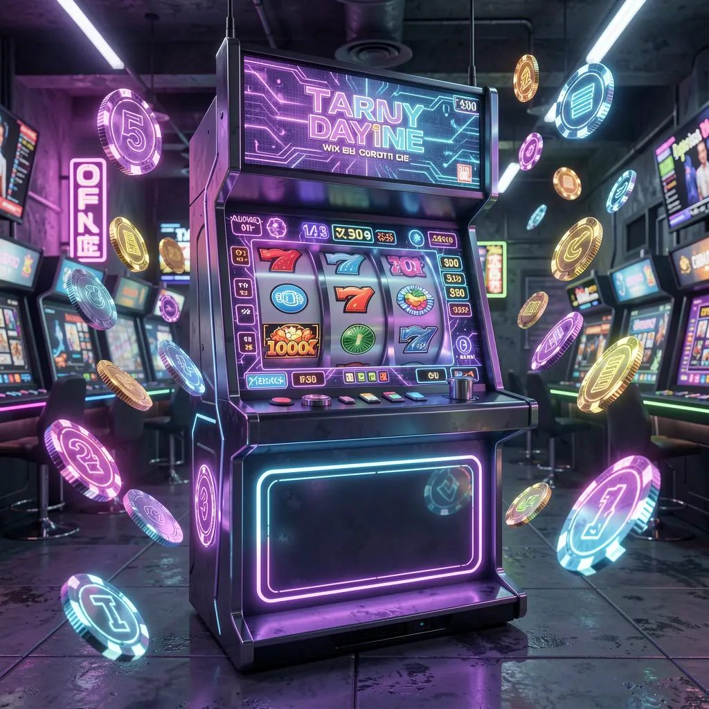 Futuristic slot machine with glowing reels and floating digital coins creating a cyber casino atmosphere on the 6NNN platform for players in Bangladesh